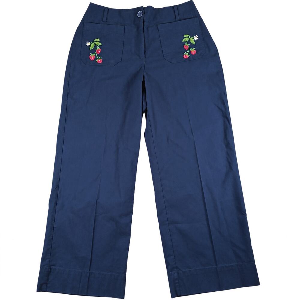 Nicole Miller Strawberry Embroidered Wide Leg Cropped Pants Navy Size 8